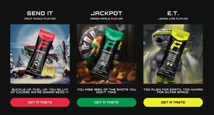 Fission flavors Send It, Jackpot, and E.T.
