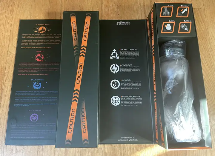 Inside the Fission box, with flavor descriptions and caution tape