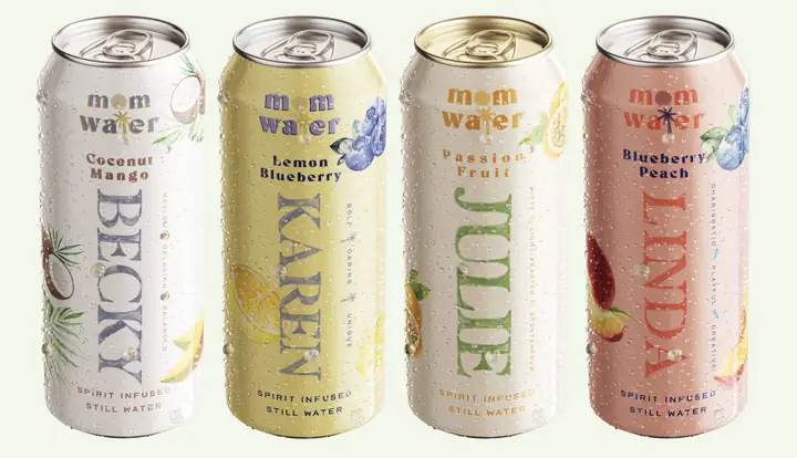 Mom Water flavors lined up next to each other
